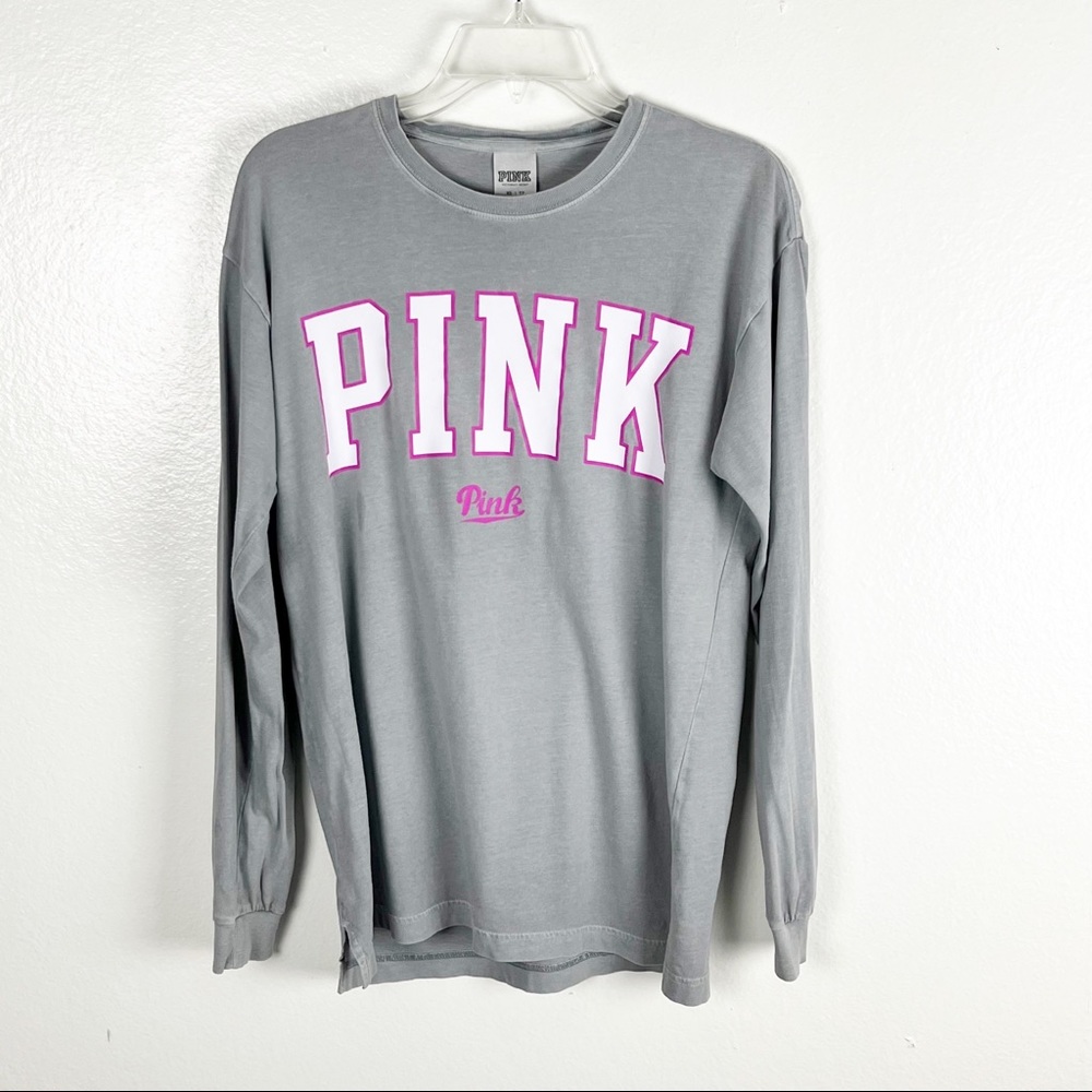 PINK VICTORIA’S SECRET 100% Cotton Gray Long Sleeves “Pink” Graphic Tee, Size XS